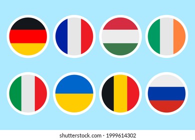 Flags of different countries. A set of stickers on a white backing. Collection of vector icons. Isolated background. National symbol of the state. Political topics. Flat style. Idea for web design.