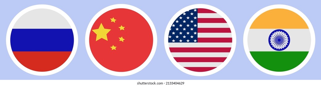 Flags of different countries. A set of stickers on a white backing. Collection of vector icons. Isolated background. Russia, China, India, USA. National symbol of the state. Political themes. 