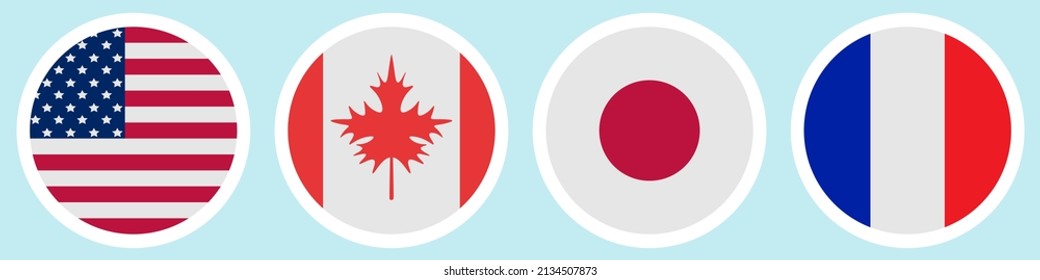 Flags of different countries. A set of stickers on a white backing. Collection of vector icons. Isolated background. USA, Canada, Japan, France. National symbol of the state. Political themes. 