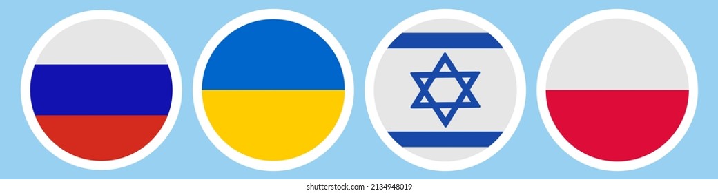 Flags of different countries. A set of stickers on a white backing. Collection of vector icons. Isolated background. Russia, Ukraine, Israel, Poland. National symbol of the state. Political themes. 