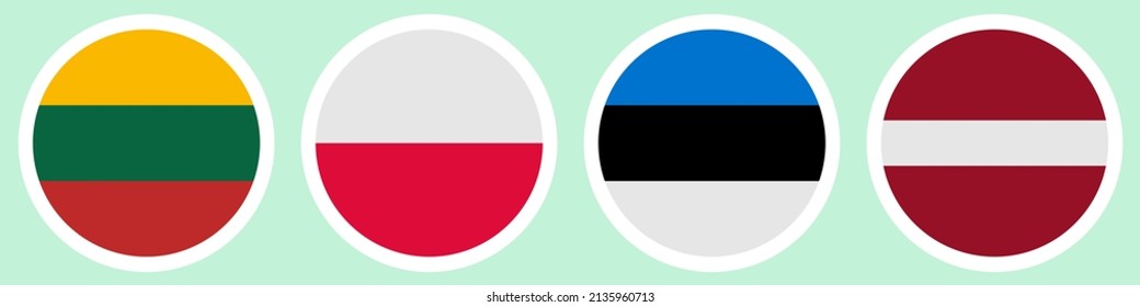 Flags of different countries. A set of stickers on a white backing. Collection of vector icons. Isolated background. Lithuania, Poland, Estonia, Latvia. National symbol of the state. Political themes.