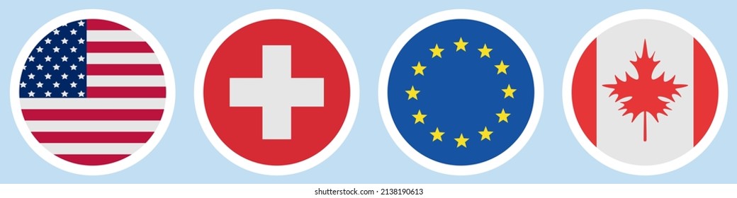 Flags of different countries. A set of stickers on a white backing. Collection of vector icons. Isolated background. USA, Switzerland, European Union, Canada. National symbol of the state. Political 