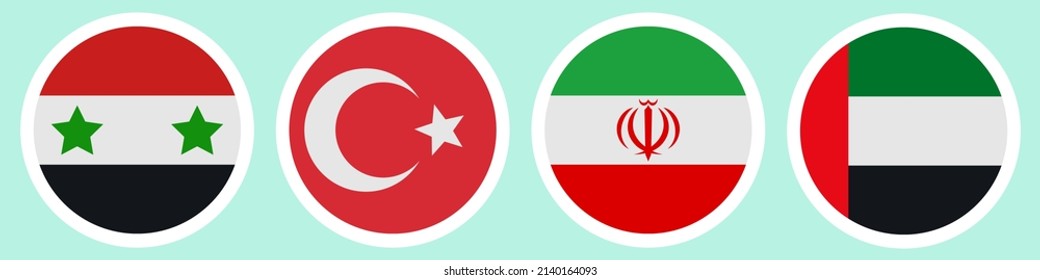 Flags of different countries. A set of stickers on a white backing. Collection of vector icons. Isolated background. Syria, Turkey, Iran, United Arab Emirates. National symbol of the state. Political 