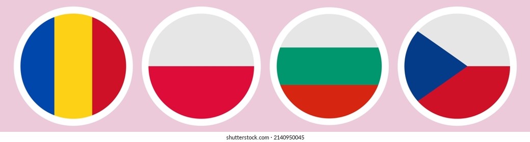 Flags of different countries. A set of stickers on a white backing. Collection of vector icons. Isolated background. Romania, Poland, Bulgaria, Czech Republic. National symbol of the state. Political 