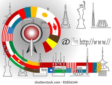 Flags of different countries and sites on the Internet.