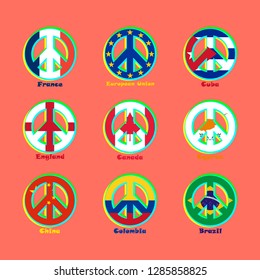 Flags of different countries of the world as a sign of pacifism, which stands for peace and love