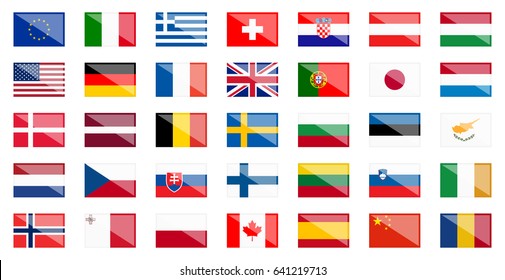 flags of different european and american countries with reflection