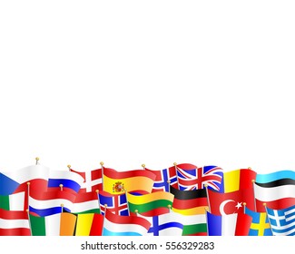 Flags of different European countries against white background

