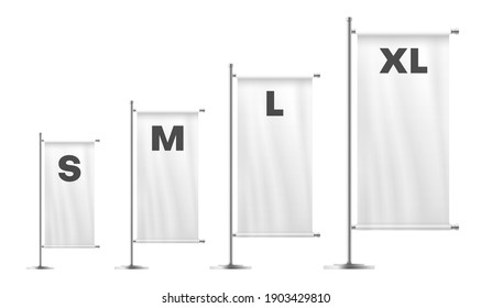 Flags Of Different Lengths And Widths White Realistic Mockups Set. Outdoor Ensign On Metal Pole Empty Blank Template. Pennant, Banner Sizes S, M, L, XL. Vector Isolated Flags Collection.