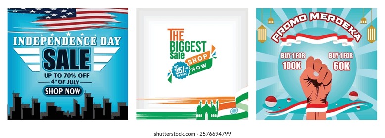 Flags and Discount Offer Announcement. Promotional Poster for a Major Shopping Sale. Independence Day Promotion. Set flat vector modern illustration 