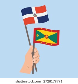 Banderas de la República Dominicana y Granada, Mano sosteniendo banderas