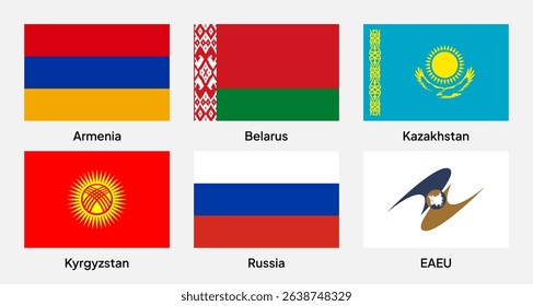 Flags of EAEU (Eurasian Economic Union) member countries in rectangular shapes (with a 3:2 ratio). Vector illustration.