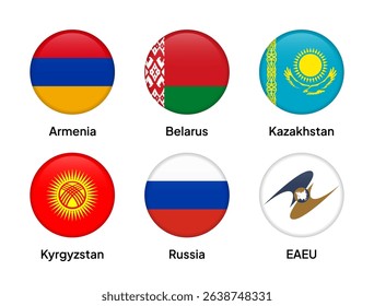 Flags of EAEU (Eurasian Economic Union) member countries in round shapes, including Russia, Belarus, Kazakhstan, Armenia, and Kyrgyzstan. Vector illustration.