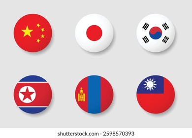 Flags of east asia continent countries in round shape. China , Japan, North Korea, South Korea, Mongolia, Taiwan.