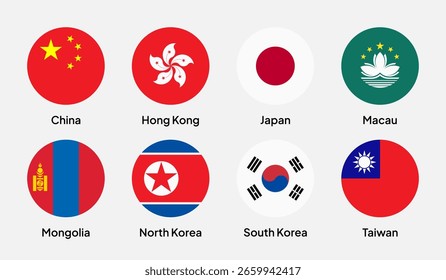 Flags of East Asian countries in flat round shapes, including China, Japan, South Korea, North Korea, Taiwan, Mongolia, Hong Kong, and Macau. Vector illustration.