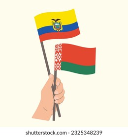 Banderas de Ecuador y Bielorrusia, mano con banderas