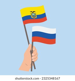 Flaggen Ecuadors und Russlands, Flaggen, die Hand halten