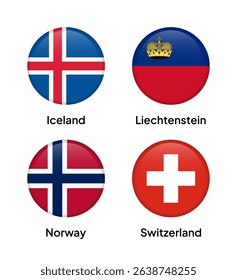 Flags of EFTA (European Free Trade Association) member countries in round shapes, including Iceland, Liechtenstein, Norway, and Switzerland. Vector illustration.