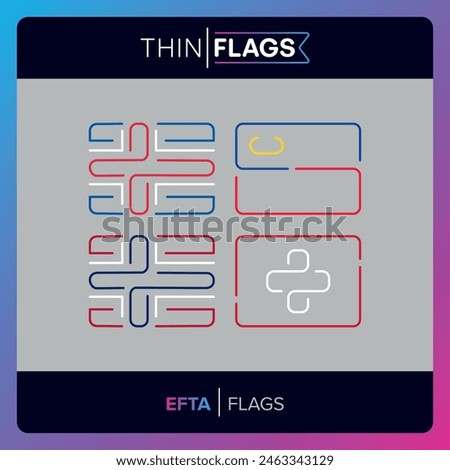 The flags of EFTA (European Free Trade Association), Iceland, Liechtenstein, Norway, Switzerland. Download Editable Thin Icons. Country, World and International Flag Icons Set. 