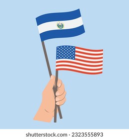 Flags of El Salvador and USA, Hand Holding flags