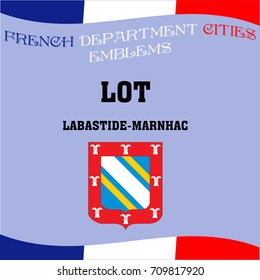 Flags and emblems of French department cities. Cities of Department Lot