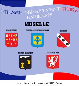 Flags and emblems of French department cities. Cities of Department Moselle
