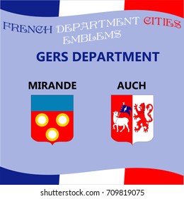 Flags and emblems of French department cities. Cities of Department Gers