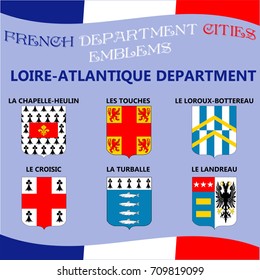Flags and emblems of French department cities. Cities of Department Loire Atlantique