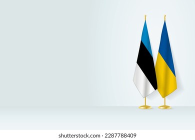 Flags of Estonia and Ukraine on flag stand, meeting between two countries. Vector template.