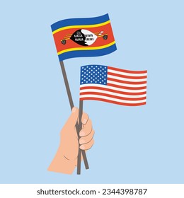 Flags of Eswatini and USA, Hand Holding flags