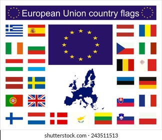 Flags of EU countries and European Union Map.