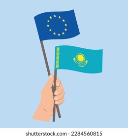 Flags of EU and Kazakhstan, Hand Holding flags