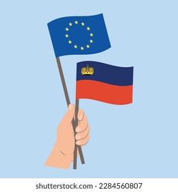 Flags of EU and Liechtenstein, Hand Holding flags