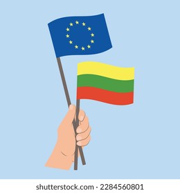 Flags of EU and Lithuania, Hand Holding flags