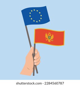 Banderas de la Unión Europea y Montenegro, banderas de mano