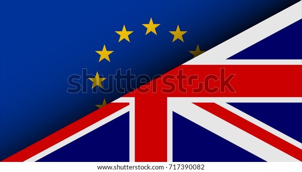 Flags of EU and UK divided on half. Brexit\
theme. Vector\
illustration.