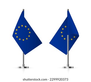 Flags of Euro on pole vector illustration. 3D realistic European Union flagpoles on mini steel vertical stand, isolated desktop EU flagstaff, blue flags of Europe with circle of stars on metal stick.
