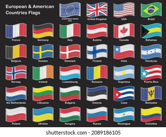 Flags of Europe Countries and America. National waving flags from all over the world with names. Set. High quality vector flag isolated on black background. Vector illustration