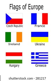 Flags of Europe: Czech Republic, France, Ireland, Ukraine, Hungary, Greece