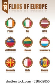Flags of Europe in the form of circular pendants, vector illustration. Set 3.