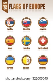 Flags of Europe in the form of circular pendants, vector illustration. Set 5.