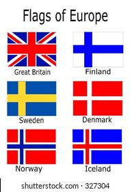 Flags of Europe - Great Britain, Finland, Sweden, Denmark, Norway, Iceland