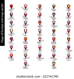 Flags of Europe on pin map and map vector set isolated