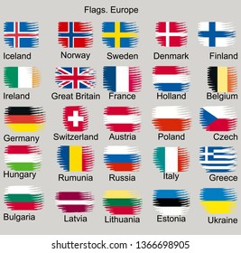 Flags of Europe. Switzerland, Sweden, Denmark, France, Great Britain, Poland, Ukraine, Russia etc.