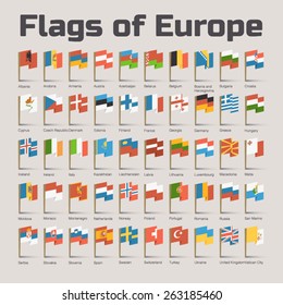 Flags of Europe. Vector Flat Illustration with European countries flags in cartoon style