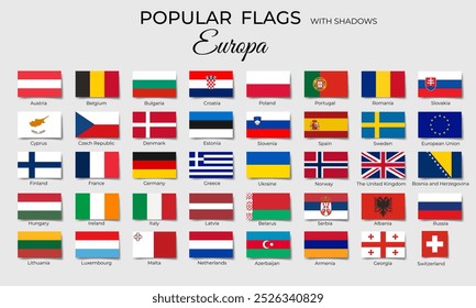 Flags of European countries with shadows. Europe flag icon set. Official coloring. Vector isolated