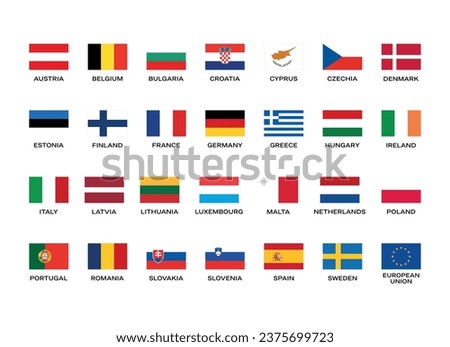 Flags of European Union countries list vector illustration. European union country name icon set isolated on a white background. EU flag icons collection in flat design