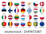 Flags of European Union member countries in round shapes, including Germany, France, Italy, Spain, Poland, Sweden, Netherlands, Belgium, Austria, Greece, and others. Vector illustration.