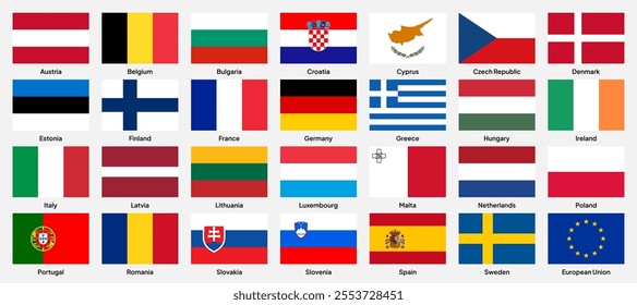 Flags of European Union member countries in rectangular shapes (with a 3:2 ratio). Vector illustration.