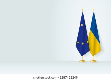 Flags of European Union and Ukraine on flag stand, meeting between two countries. Vector template.